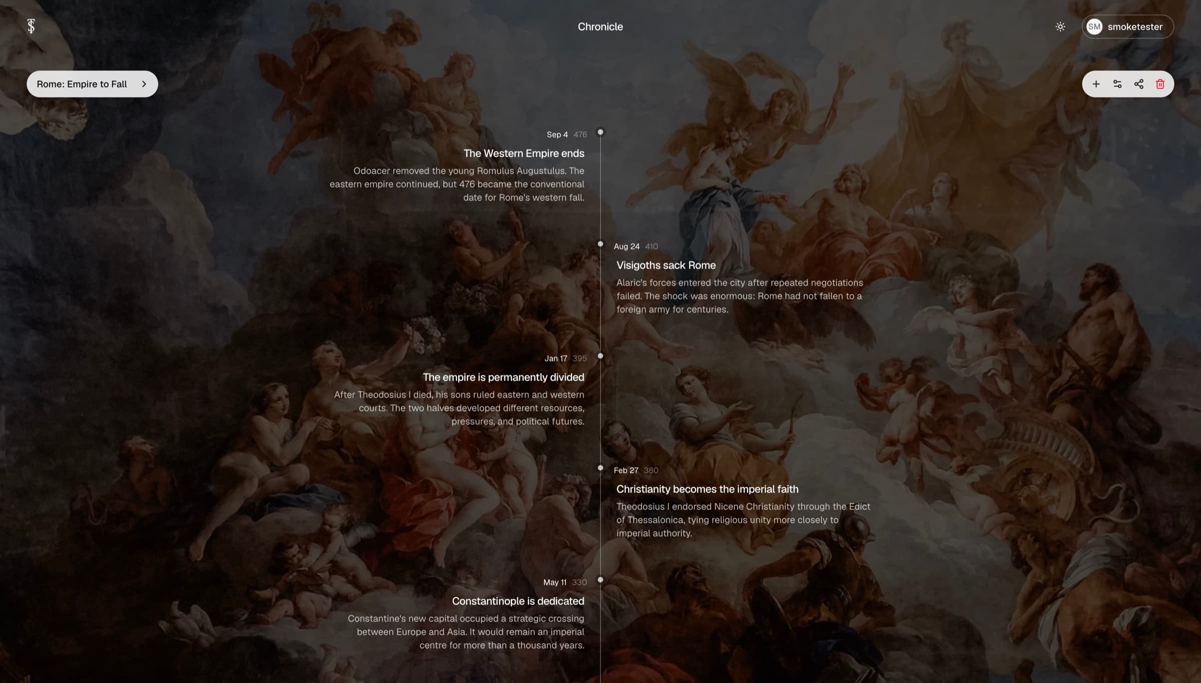 Chronicle showing an alternating timeline of the Roman Empire over a classical painting